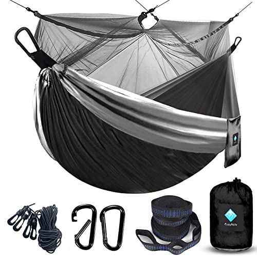 Hammocks with Net, Mosquito Net Hammock for Camping Portable Nylon Hammocks Parachute Lightweight with Tree Straps, Garden Swing Hammock for Outdoor Hiking Travel (Black/Gray)