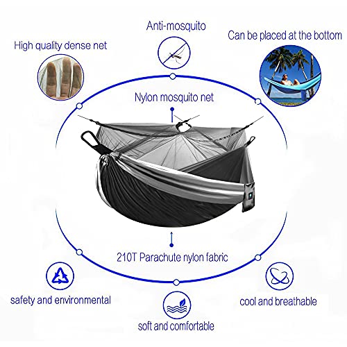 Hammocks with Net, Mosquito Net Hammock for Camping Portable Nylon Hammocks Parachute Lightweight with Tree Straps, Garden Swing Hammock for Outdoor Hiking Travel (Black/Gray)