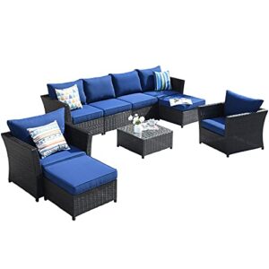 xizzi outdoor patio furniture no assembly required 9 pcs patio furniture sets pe rattan wicker with 2 pillows and coffee table, backyard patio conversation sets sectional sofa (navy blue)
