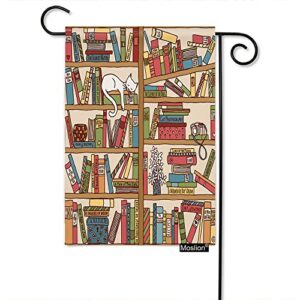 moslion book garden flag 12.5×18 inch cartoon bookshelf with cute sleeping cat kitten in library yard flag burlap banners vertical double sided for farm house outside
