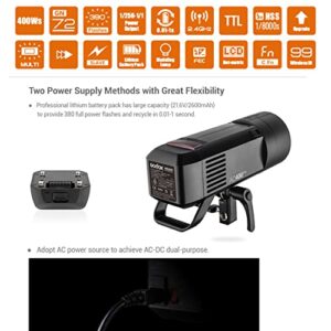 Godox AD400 Pro Outdoor Flash Strobe Light, 400ws 1/8000s HSS TTL All-in-One Studio Strobe, 30W LED Modeling Lamp, 0.01-1s Recycle Time, 390 Full Power Pops Portable Speedlite