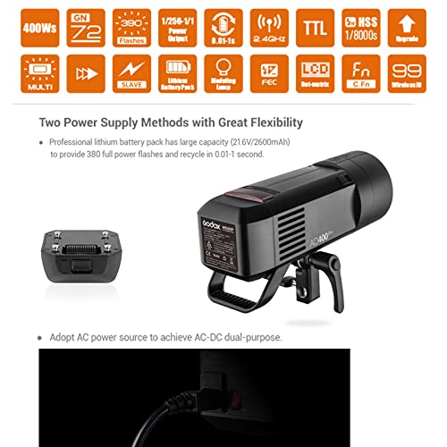 Godox AD400 Pro Outdoor Flash Strobe Light, 400ws 1/8000s HSS TTL All-in-One Studio Strobe, 30W LED Modeling Lamp, 0.01-1s Recycle Time, 390 Full Power Pops Portable Speedlite