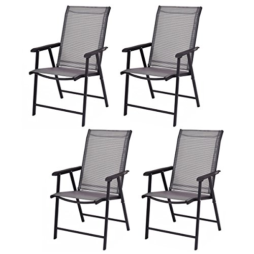 Giantex Set of 4 Patio Chairs, Outdoor Folding Chairs, Portable Dining Chairs for Garden Camping Poolside Beach Deck, Lawn Chairs with Armrest, 4-Pack Sling Chairs, Metal Frame, Grey