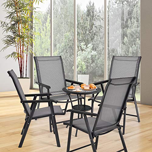 Giantex Set of 4 Patio Chairs, Outdoor Folding Chairs, Portable Dining Chairs for Garden Camping Poolside Beach Deck, Lawn Chairs with Armrest, 4-Pack Sling Chairs, Metal Frame, Grey