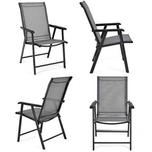 Giantex Set of 4 Patio Chairs, Outdoor Folding Chairs, Portable Dining Chairs for Garden Camping Poolside Beach Deck, Lawn Chairs with Armrest, 4-Pack Sling Chairs, Metal Frame, Grey