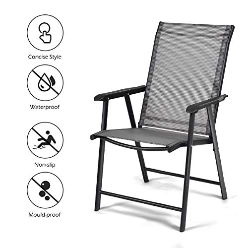 Giantex Set of 4 Patio Chairs, Outdoor Folding Chairs, Portable Dining Chairs for Garden Camping Poolside Beach Deck, Lawn Chairs with Armrest, 4-Pack Sling Chairs, Metal Frame, Grey