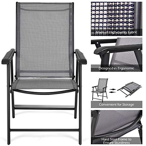 Giantex Set of 4 Patio Chairs, Outdoor Folding Chairs, Portable Dining Chairs for Garden Camping Poolside Beach Deck, Lawn Chairs with Armrest, 4-Pack Sling Chairs, Metal Frame, Grey