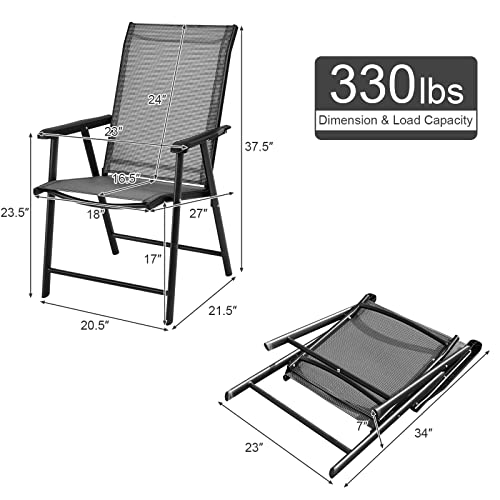 Giantex Set of 4 Patio Chairs, Outdoor Folding Chairs, Portable Dining Chairs for Garden Camping Poolside Beach Deck, Lawn Chairs with Armrest, 4-Pack Sling Chairs, Metal Frame, Grey