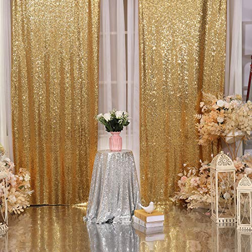 2Pcs 3Ft x 8Ft Gold Sequin Backdrop Curtain, Glitter Photography Background, Sequence Xmas Thanksgiving Backdrop for Wedding Party Holiday Festival Decor…