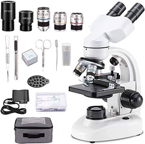 Compound Binocular Microscope,WF10x and WF25x Eyepieces,40X-2000X Magnification, LED Illumination Two-Layer Mechanical Stage,Microscope for Adults