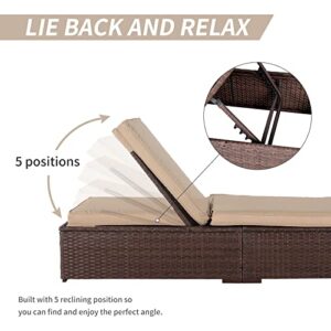 Verano Garden Outdoor Chaise Lounge, Patio Pool Lounge Chairs for Outside, Wicker Rattan Reclining Folding Pool Lounger with Adjustable Backrest and Removable Cushions, Beige(Set of 2)