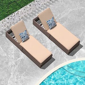 Verano Garden Outdoor Chaise Lounge, Patio Pool Lounge Chairs for Outside, Wicker Rattan Reclining Folding Pool Lounger with Adjustable Backrest and Removable Cushions, Beige(Set of 2)