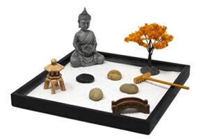 nature’s mark mini zen garden kit for desk with rake, white sand, buddha, bridge black square base, river rocks and mini blossom tree (9lx9w a)