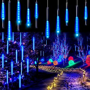aluan christmas lights meteor shower rain lights 10 tube 240 led 12 inch waterproof plug in falling rain fairy string lights for halloween christmas holiday party home patio outdoor decoration, blue