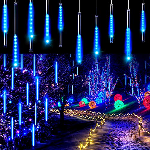 Aluan Christmas Lights Meteor Shower Rain Lights 10 Tube 240 LED 12 Inch Waterproof Plug in Falling Rain Fairy String Lights for Halloween Christmas Holiday Party Home Patio Outdoor Decoration, Blue