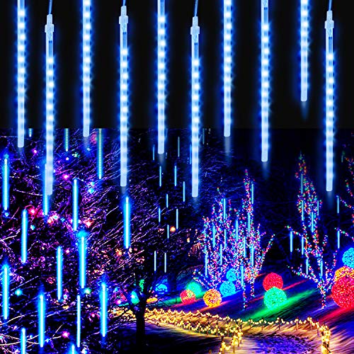 Aluan Christmas Lights Meteor Shower Rain Lights 10 Tube 240 LED 12 Inch Waterproof Plug in Falling Rain Fairy String Lights for Halloween Christmas Holiday Party Home Patio Outdoor Decoration, Blue