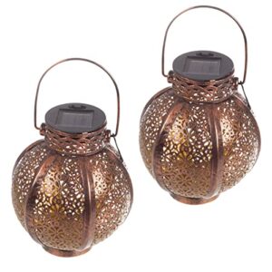 set of 2 solar outdoor lights – hanging or tabletop rechargeable led lantern set with 2 shepherd hooks for outdoor decor by pure garden (bronze)