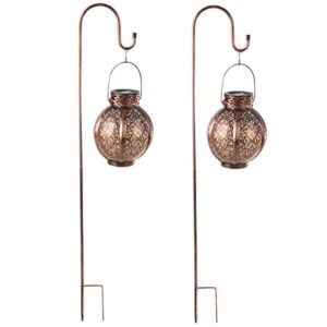 Set of 2 Solar Outdoor Lights - Hanging or Tabletop Rechargeable LED Lantern Set with 2 Shepherd Hooks for Outdoor Decor by Pure Garden (Bronze)