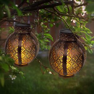 Set of 2 Solar Outdoor Lights - Hanging or Tabletop Rechargeable LED Lantern Set with 2 Shepherd Hooks for Outdoor Decor by Pure Garden (Bronze)