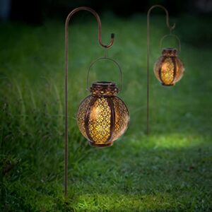 Set of 2 Solar Outdoor Lights - Hanging or Tabletop Rechargeable LED Lantern Set with 2 Shepherd Hooks for Outdoor Decor by Pure Garden (Bronze)