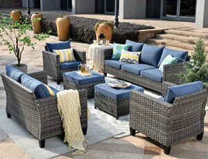 ovios patio furniture set 6 pcs outdoor sectional sofa set with loveseat chairs ottomans high back sofa all weather wicker rattan conversation sets for yard porch (denim blue)