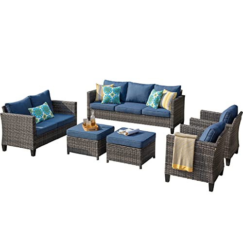 ovios Patio Furniture Set 6 PCS Outdoor Sectional Sofa Set with Loveseat Chairs Ottomans High Back Sofa All Weather Wicker Rattan Conversation Sets for Yard Porch (Denim Blue)