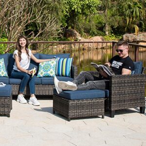 ovios Patio Furniture Set 6 PCS Outdoor Sectional Sofa Set with Loveseat Chairs Ottomans High Back Sofa All Weather Wicker Rattan Conversation Sets for Yard Porch (Denim Blue)