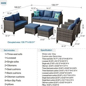 ovios Patio Furniture Set 6 PCS Outdoor Sectional Sofa Set with Loveseat Chairs Ottomans High Back Sofa All Weather Wicker Rattan Conversation Sets for Yard Porch (Denim Blue)