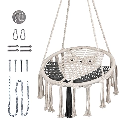 Prime Garden Hammock Chair, Owl Hanging Macrame Swing with Hardware Kits, Handmade Knitted Mesh Rope Swing Chair for Indoor, Outdoor, Bedroom, Patio, Garden, Small (Width 60 CM)