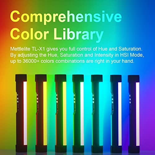 Mettlelite TLX1 RGB Tube Light LED Full Color Portable Video Light with APP Control 2800K-8000K CRI96 TLCI97 360° RGB CCT HSI Mode 10 Customizable Light Effects Rechargeable Battery Magnet Design