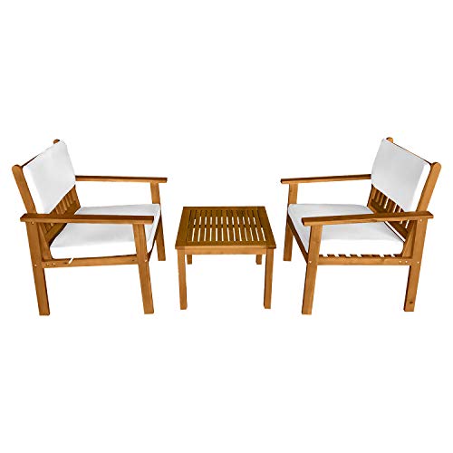 3-Piece Acacia Wood Patio Bistro Set Patio Furniture Outdoor Chat Conversation Table Chair Set Outdoor Wood Chat Set with Water Resistant Cushions and Coffee Table Chairs for Beach Backyard Garden