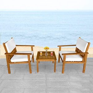 3-Piece Acacia Wood Patio Bistro Set Patio Furniture Outdoor Chat Conversation Table Chair Set Outdoor Wood Chat Set with Water Resistant Cushions and Coffee Table Chairs for Beach Backyard Garden