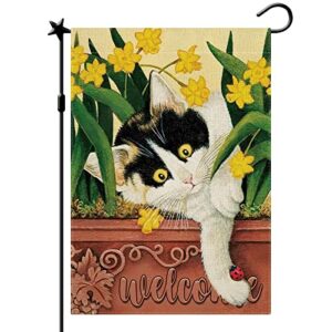 cmegke spring summer cat garden flag, spring summer cat daffodils flags, spring summer flags summer spring rustic vertical double sided burlap cat daffodils floral home holiday party farmhouse yard lawn outside decorations 12.5 x 18 in