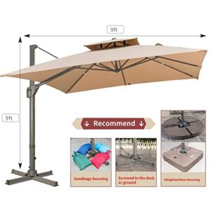 LKINBO 9X9FT Cantilever Umbrella Double Top Outdoor Umbrellas Large Patio Umbrella Windproof Offset Umbrella Heavy Duty Hanging Sun Umbrella With Cross Base for Garden Deck Pool Beach Market, Khaki