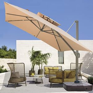 LKINBO 9X9FT Cantilever Umbrella Double Top Outdoor Umbrellas Large Patio Umbrella Windproof Offset Umbrella Heavy Duty Hanging Sun Umbrella With Cross Base for Garden Deck Pool Beach Market, Khaki