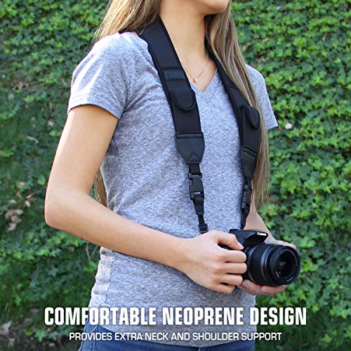 USA Gear TrueSHOT Neck Strap Neoprene Camera Straps - Padded Camera Strap, Pockets, and Quick Release Buckles - Compatible with Canon, Nikon, Sony and More DSLR and Mirrorless Cameras (Black)