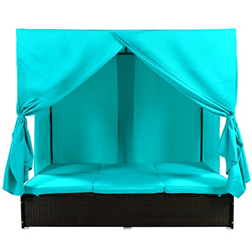 LUMISOL Outdoor Patio Sunbed with Retractable Canopy Sun Lounger Daybed with Curtains Garden Furniture (Blue)