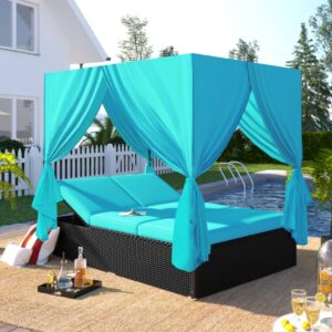 LUMISOL Outdoor Patio Sunbed with Retractable Canopy Sun Lounger Daybed with Curtains Garden Furniture (Blue)