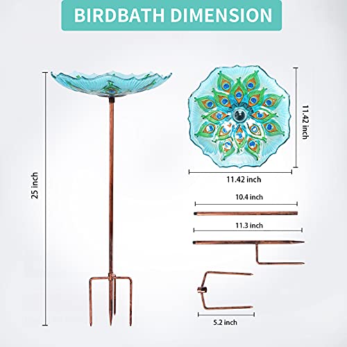 MUMTOP Glass Bird Bath, Garden Outdoor Birdbaths Birdfeeder with Metal Stake Peacock