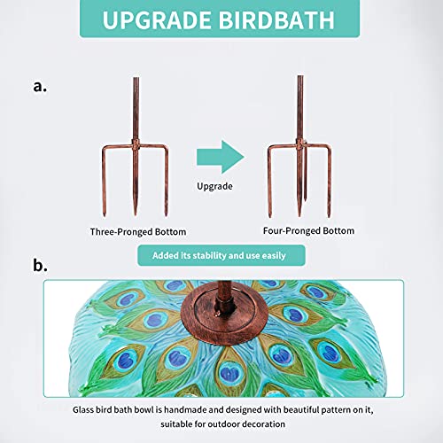 MUMTOP Glass Bird Bath, Garden Outdoor Birdbaths Birdfeeder with Metal Stake Peacock