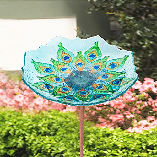 MUMTOP Glass Bird Bath, Garden Outdoor Birdbaths Birdfeeder with Metal Stake Peacock