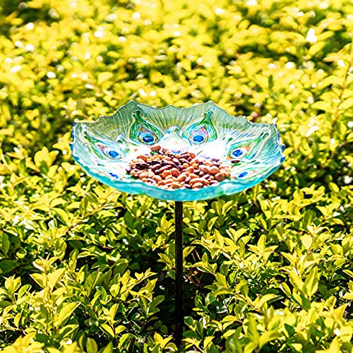 MUMTOP Glass Bird Bath, Garden Outdoor Birdbaths Birdfeeder with Metal Stake Peacock