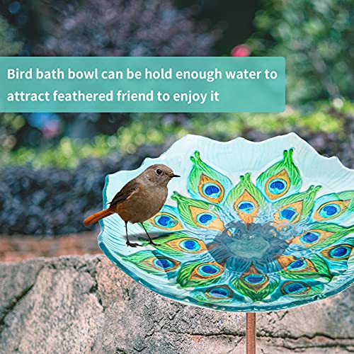 MUMTOP Glass Bird Bath, Garden Outdoor Birdbaths Birdfeeder with Metal Stake Peacock