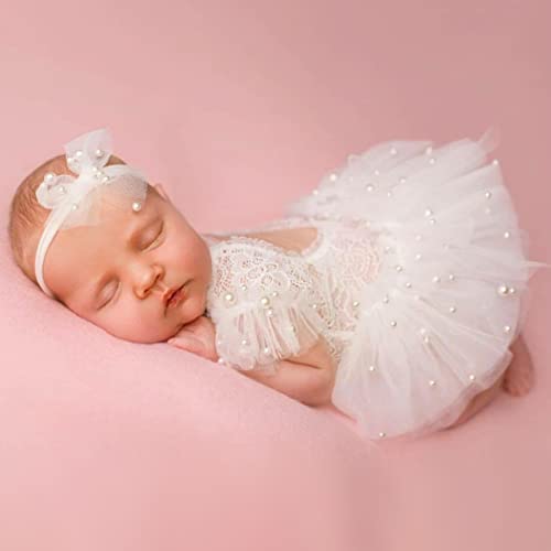 M&G House White Lace Newborn Photography Outfits Girl Newborn Photography Props Pearl Lace Rompers Newborn Girl Lace Romper Photoshoot Outfits Halloween (Short Sleeve, White, 0-2Months)