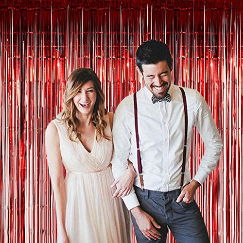 Twinkle Star Photo Booth Backdrop Foil Curtain Tinsel Backdrop Environmental Background for Birthday Party, Wedding, Graduation, Christmas Decorations (2 Pack, Red)