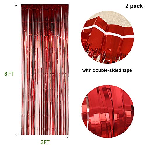 Twinkle Star Photo Booth Backdrop Foil Curtain Tinsel Backdrop Environmental Background for Birthday Party, Wedding, Graduation, Christmas Decorations (2 Pack, Red)