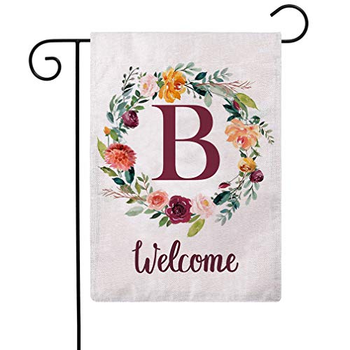 ULOVE LOVE YOURSELF Letter B Garden Flag with Flowers Wreath Double Sided Print Welcome Garden Flags Outdoor House Yard Flags 12.5 x 18 Inch