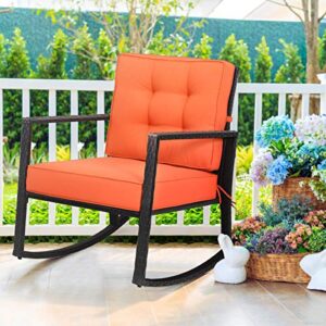 tangkula wicker rocking chair, outdoor glider rattan rocker chair with heavy-duty steel frame, patio wicker furniture seat with 5” thick cushion for garden, porch, backyard, poolside (1, orange)