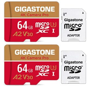 gigastone 64gb 2-pack micro sd card, 4k camera pro for gopro, security camera, wyze, dji, r/w up to 95/35mb/s microsdxc memory card uhs-i u3 a2 v30