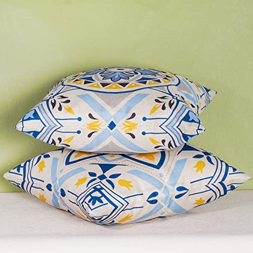 Set of 4 Decorative Waterproof Throw Pillow Covers Outdoor Boho Floral Cushion Covers for Patio Furniture Porch , 18x18 Inch